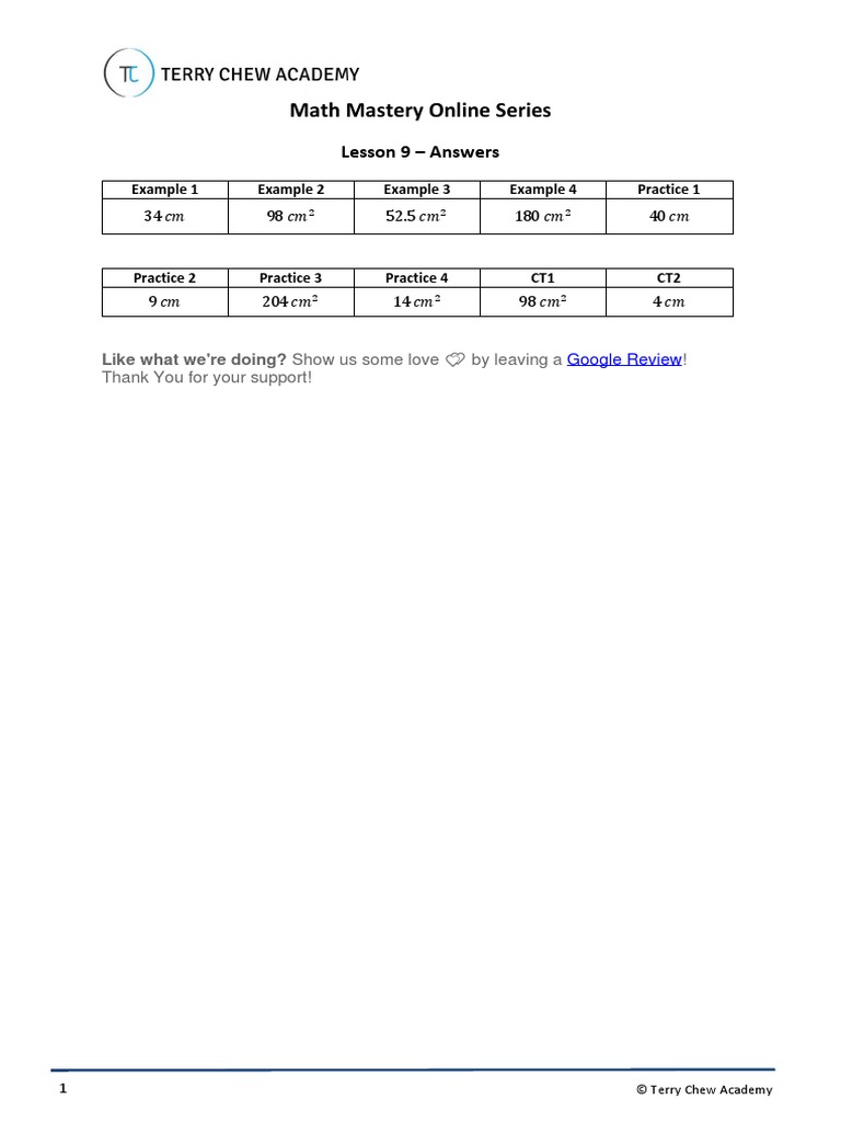 Math Mastery Online Series: Lesson 9 - Answers | PDF