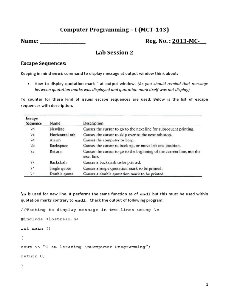 Computer Programming - I (MCT-143) Name: - Reg. No.: 2013-MC - Lab ...