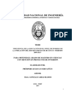 Influencia de La Educacion en El Nivel de Ingreso de La Poblacion Del Departamento de Huanuco Periodo 2009-2015