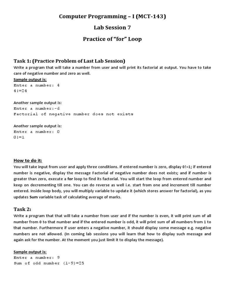 Computer Programming - I (MCT-143) Lab Session 7 Practice of "For" Loop ...