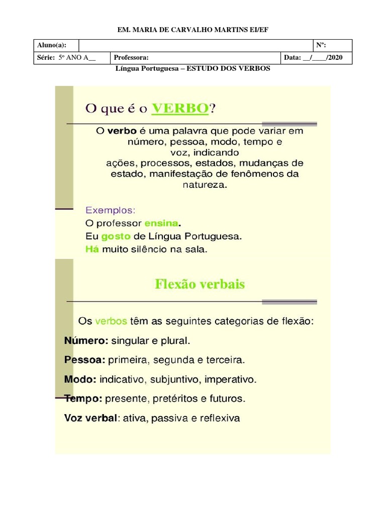 VERBOS 5º Ano RESUMO | PDF