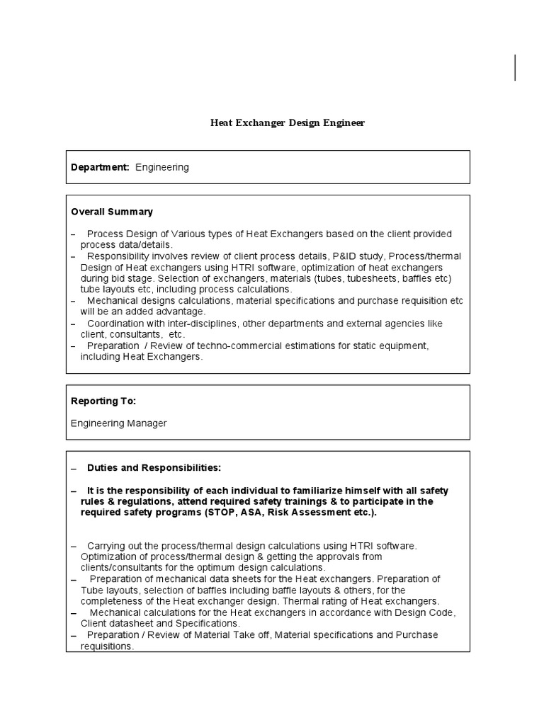 Job Description Heat Exchanger Design Engineer PDF Consultant