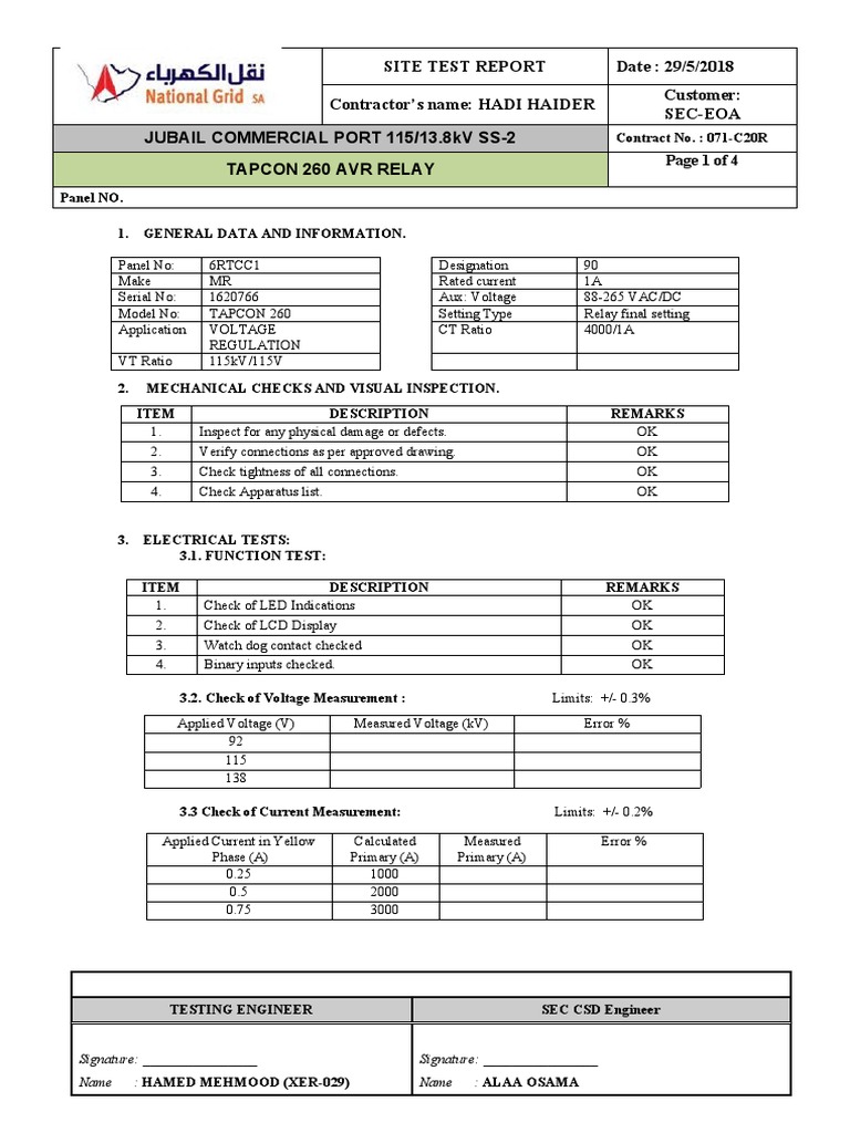 Site Test Report Date 29/5/2018 Contractor's Name HADI HAIDER