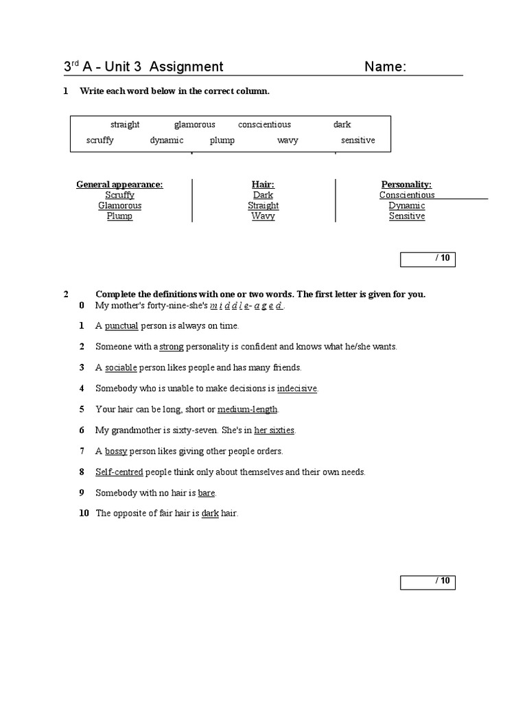 Analysis of a Document Containing a Unit Assignment on General Appearance, Personality Traits