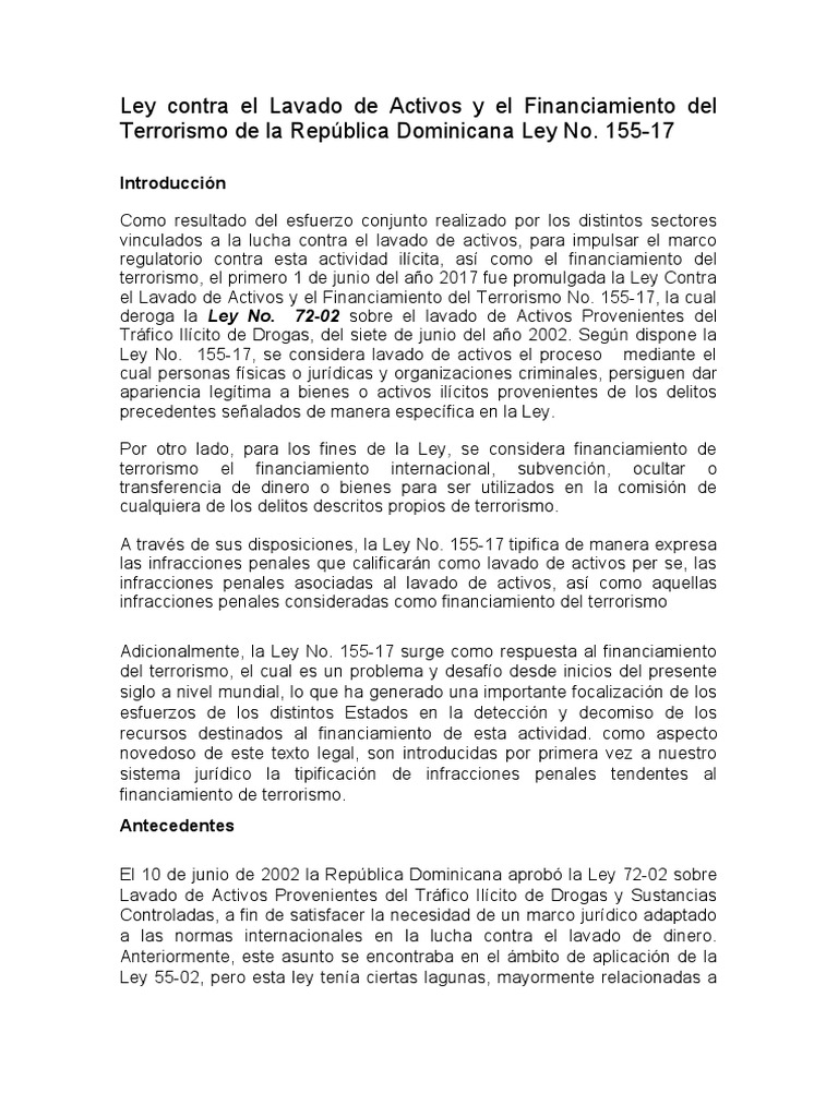 Ley 155-17: Lucha Antilavado y Antiterrorismo | PDF | Lavado de dinero ...