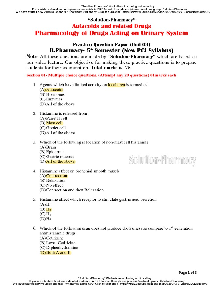 Unit 3 Pharmacology MCQs and Answers | PDF | Drugs | Clinical Medicine