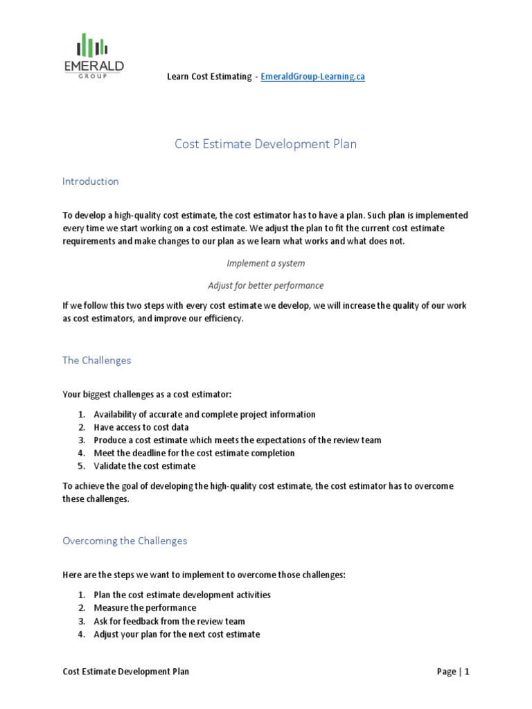 Cost Estimate Development Plan: Emeraldgroup-Learning - Ca | PDF | Business