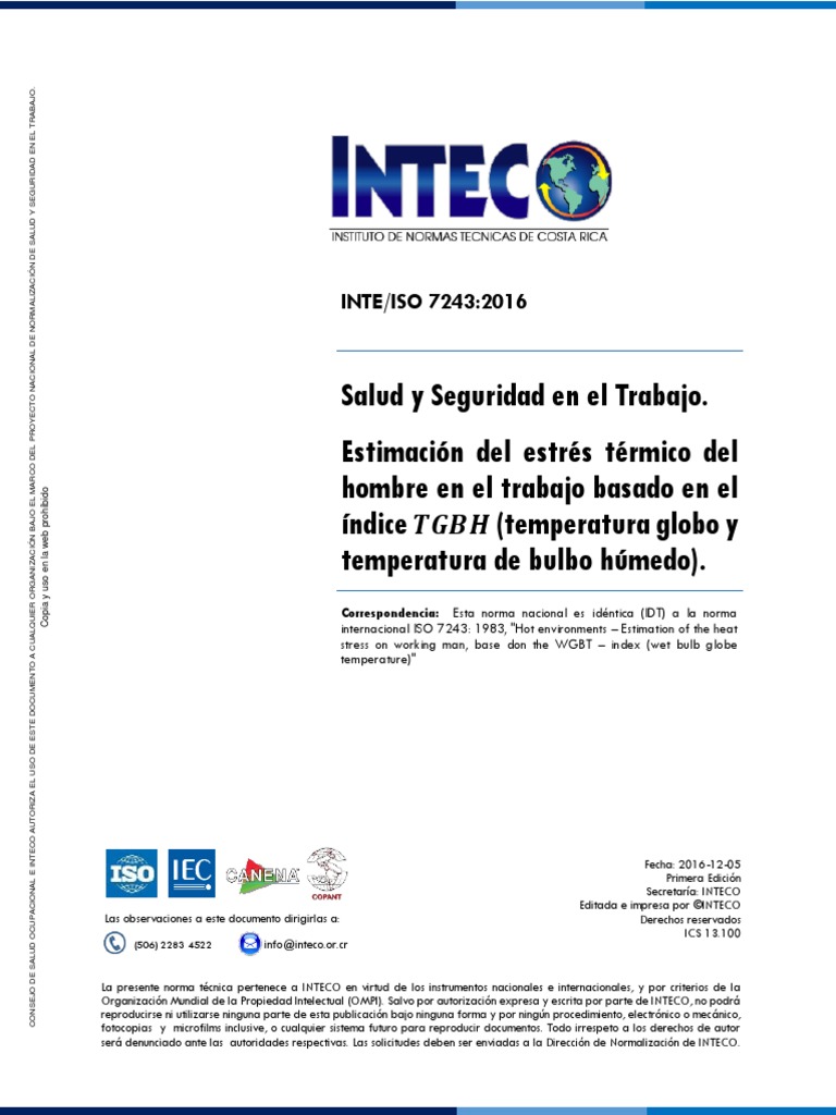 INTE ISO 7243 2016 - Estrés Térmico | PDF | Temperatura | Calor