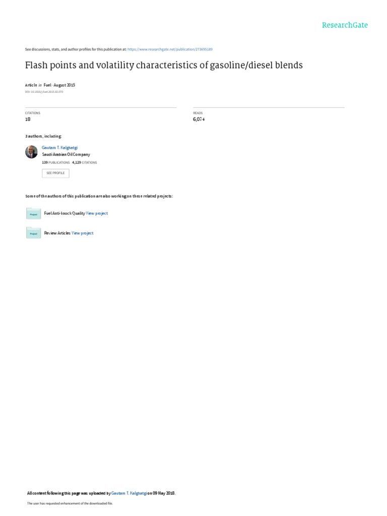 Flash Points And Volatility Characteristics Of Gasoline Diesel Blends