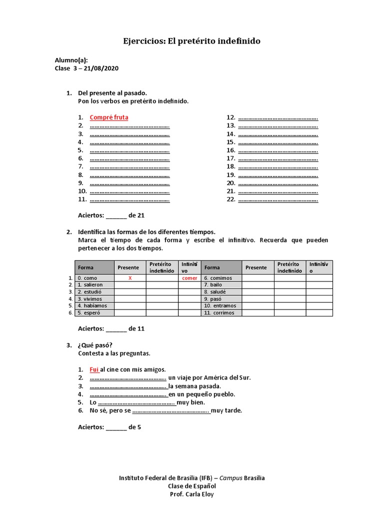 Ejercicios de pretérito indefinido | PDF