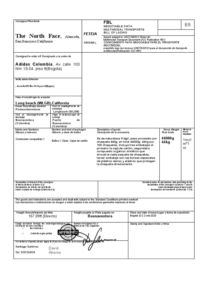 Modelo de Fiata Bill of Lading FBL PDF Servicios (economía
