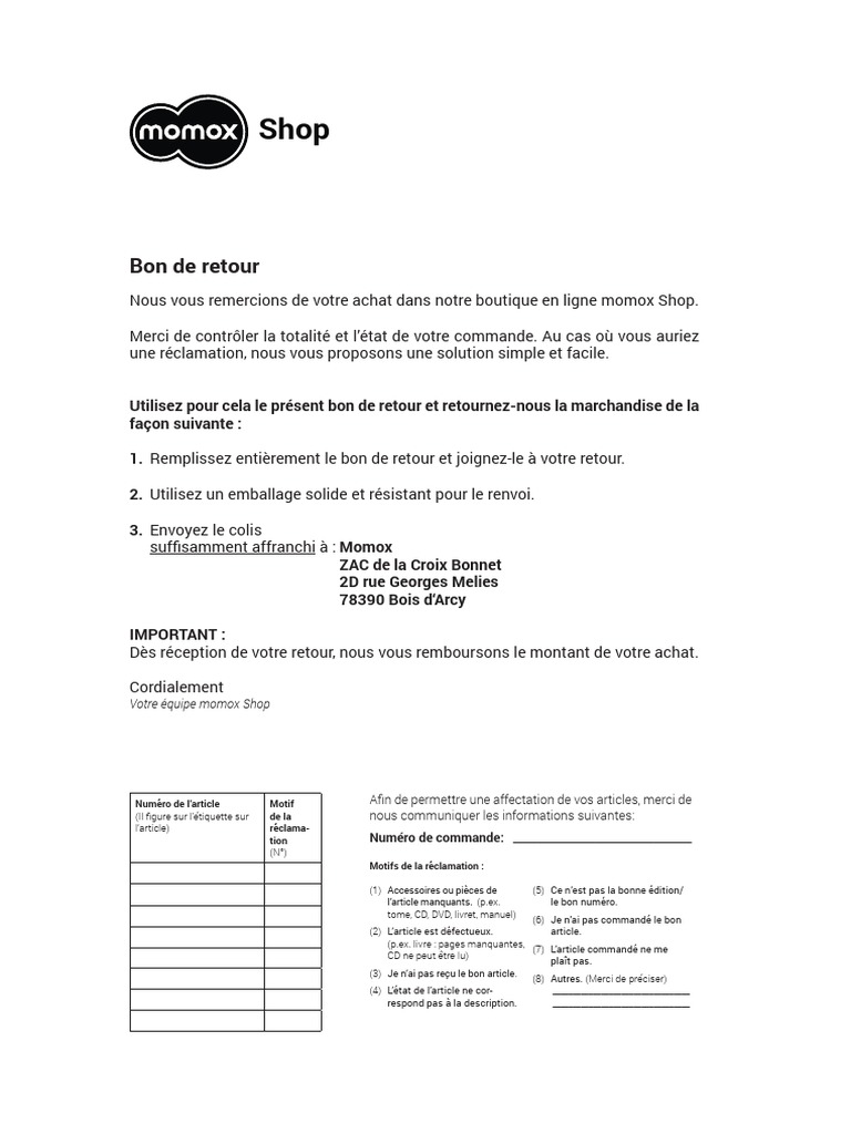 Bon de retour pour momox Shop | PDF | Business