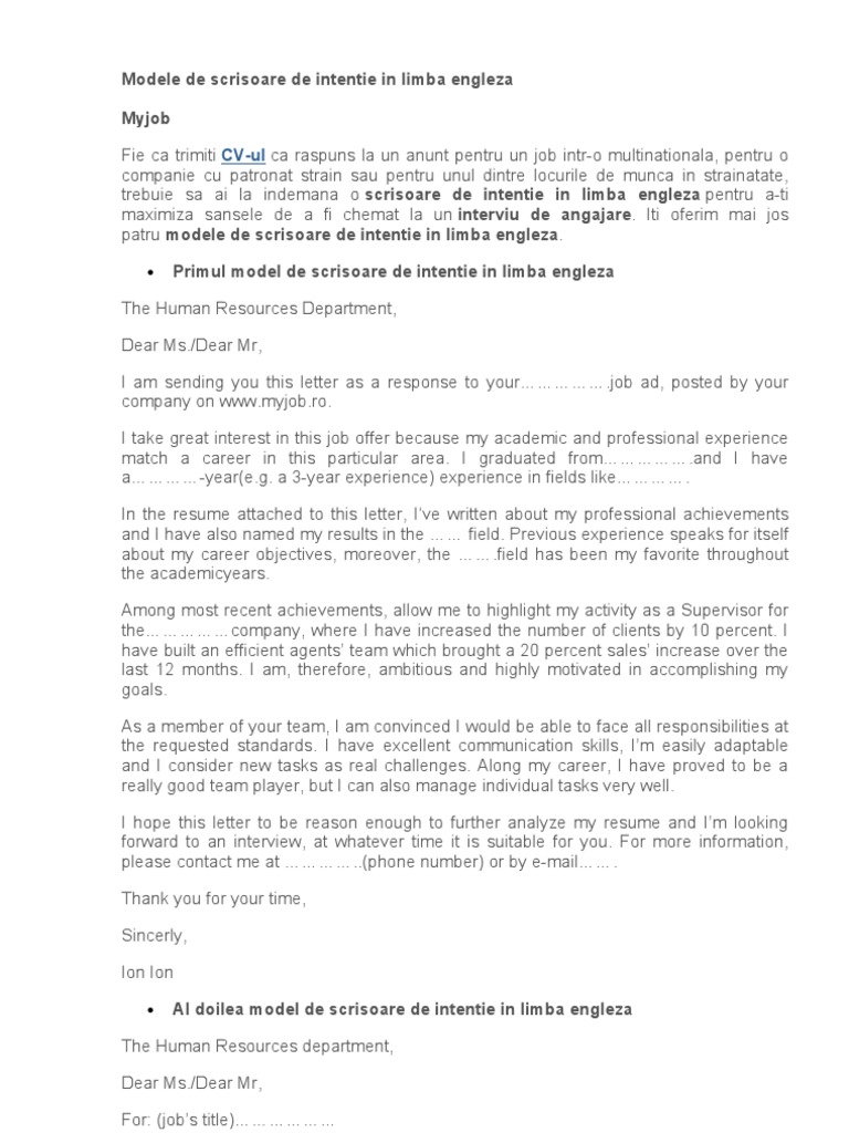 Modele de scrisoare de intentie in limba engleza | Internship | Motivation