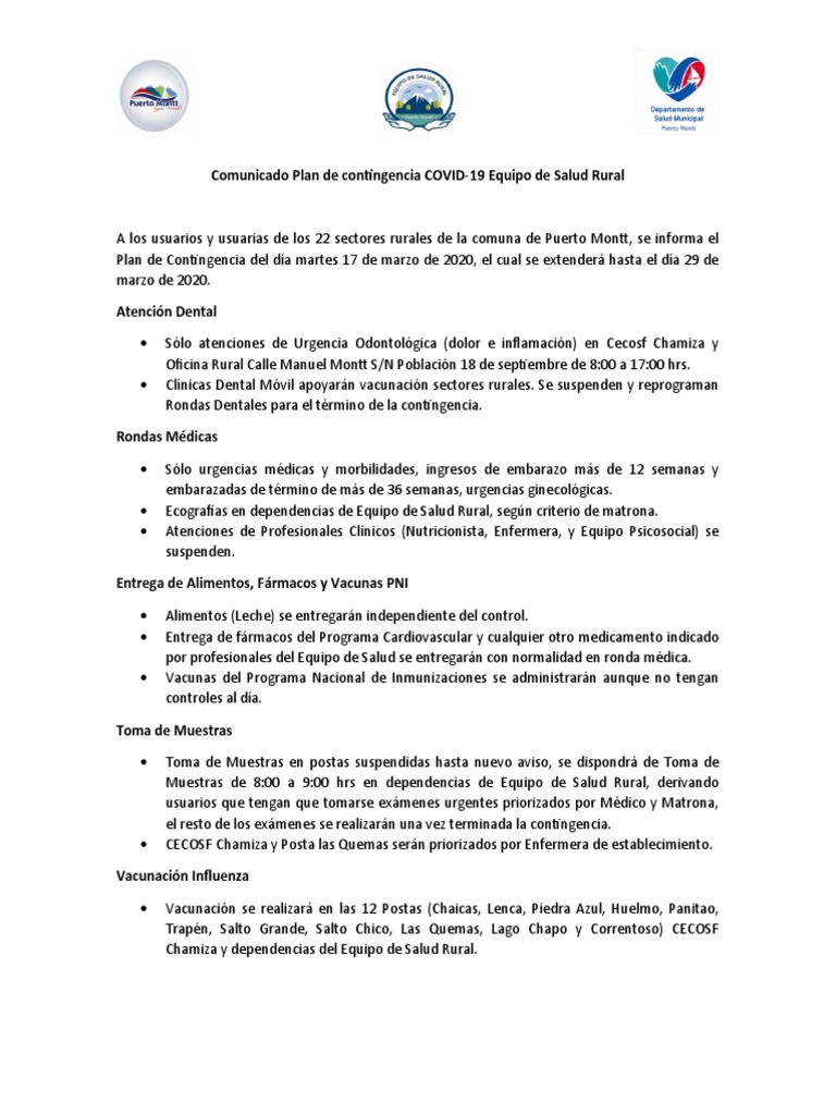 Comunicado Plan de Contingencia COVID 19 Equipo de Salud Rural | PDF ...