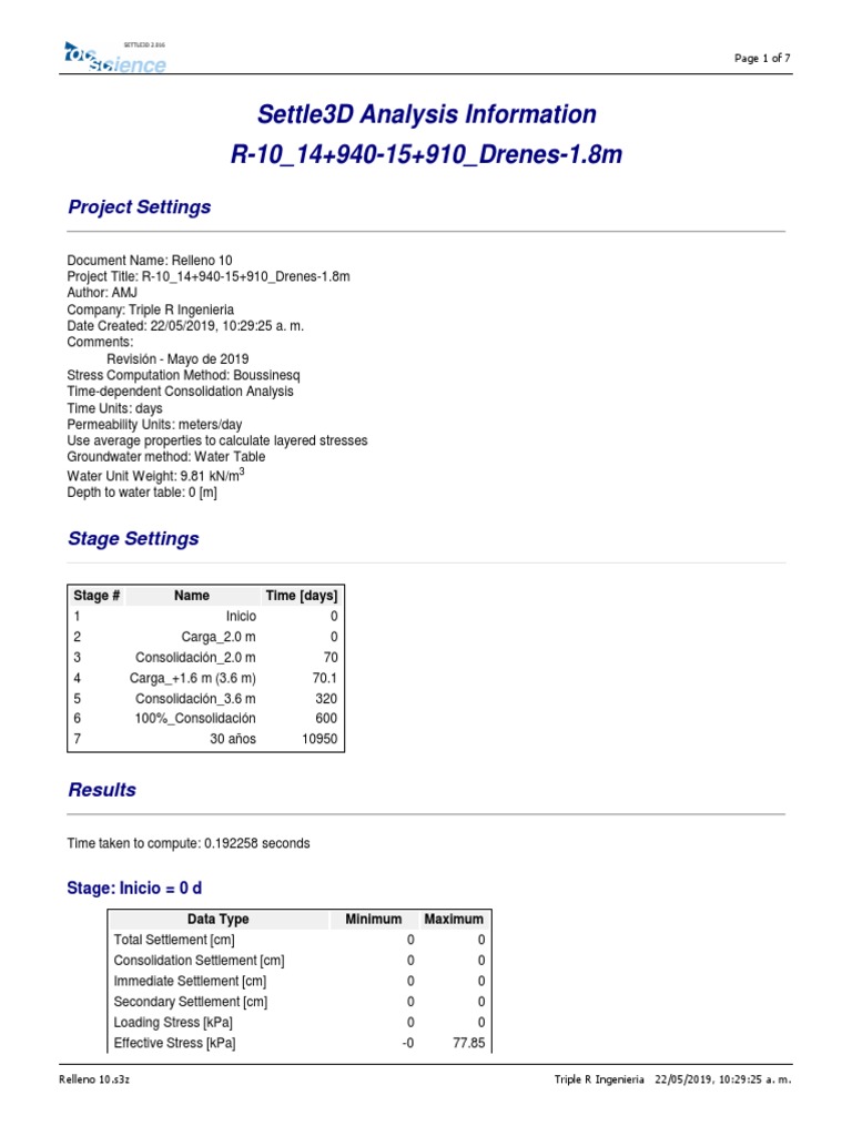 Settle3D Analysis Information R-10 - 14+940-15+910 - Drenes-1.8m | PDF ...