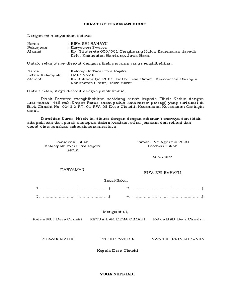 Contoh Surat Hibah Tanah Warisan Pdf