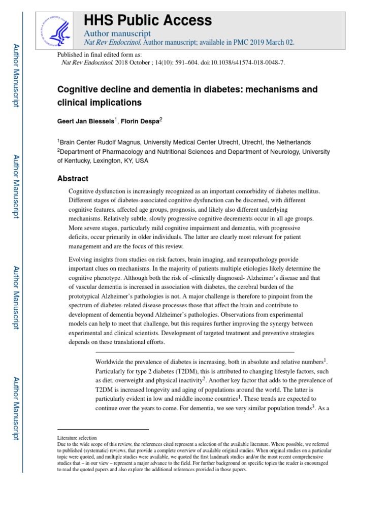 HHS Public Access: Cognitive Decline and Dementia in Diabetes ...