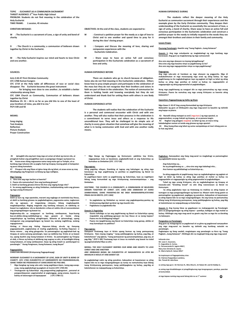 GROUND PLAN On Eucharist As A Communion-Sacrament For 3RD YR HIGHSCHOOL ...