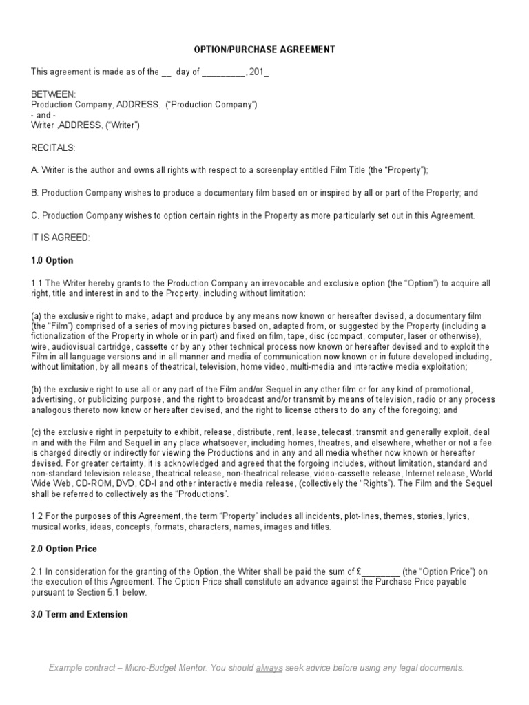 Documentary Film Option Agreement | PDF | Breach Of Contract | Copyright