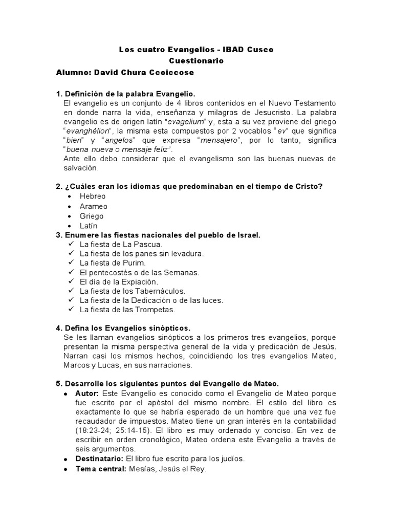 Los Cuatro EvangeliosCuestionario PDF Evangelios Evangelio de Mateo
