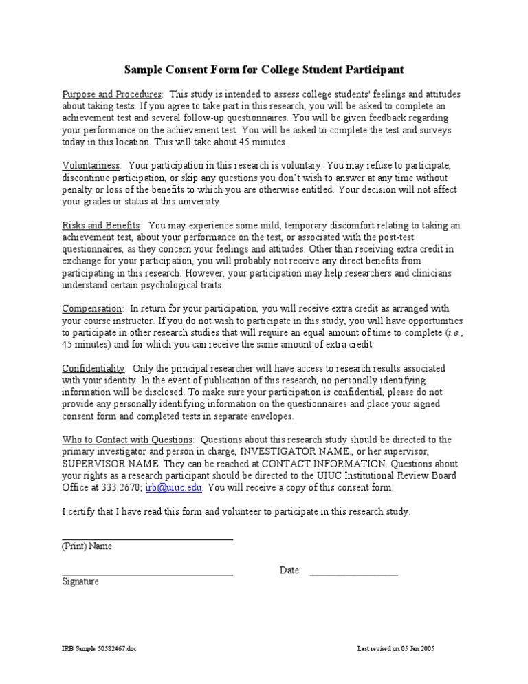 Sample Consent Form For College Student Participant: Irb@uiuc - Edu ...