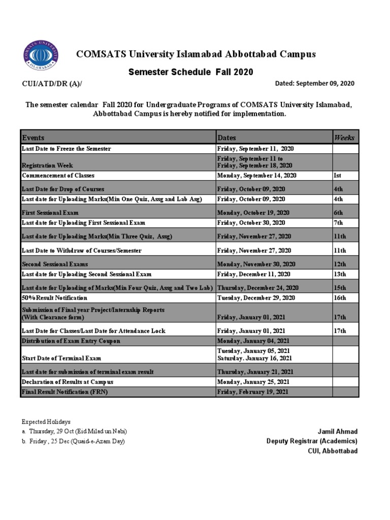 COMSATS University Islamabad Abbottabad Campus Semester Schedule Fall