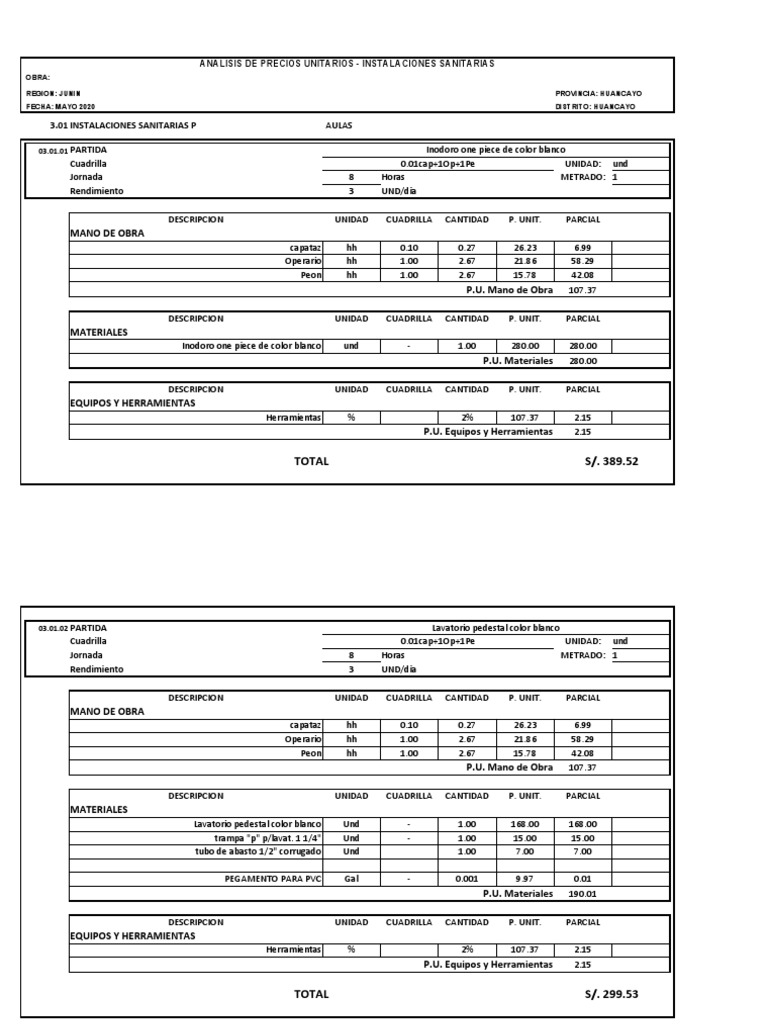 Análisis de Precios Unitarios Sanitarios | PDF | Materiales ...
