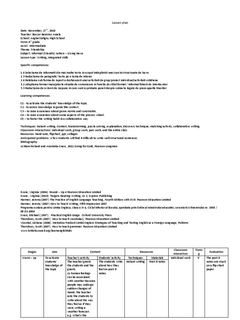 Informal Letter Writing Lesson Plan | PDF | Brainstorming | Lesson Plan
