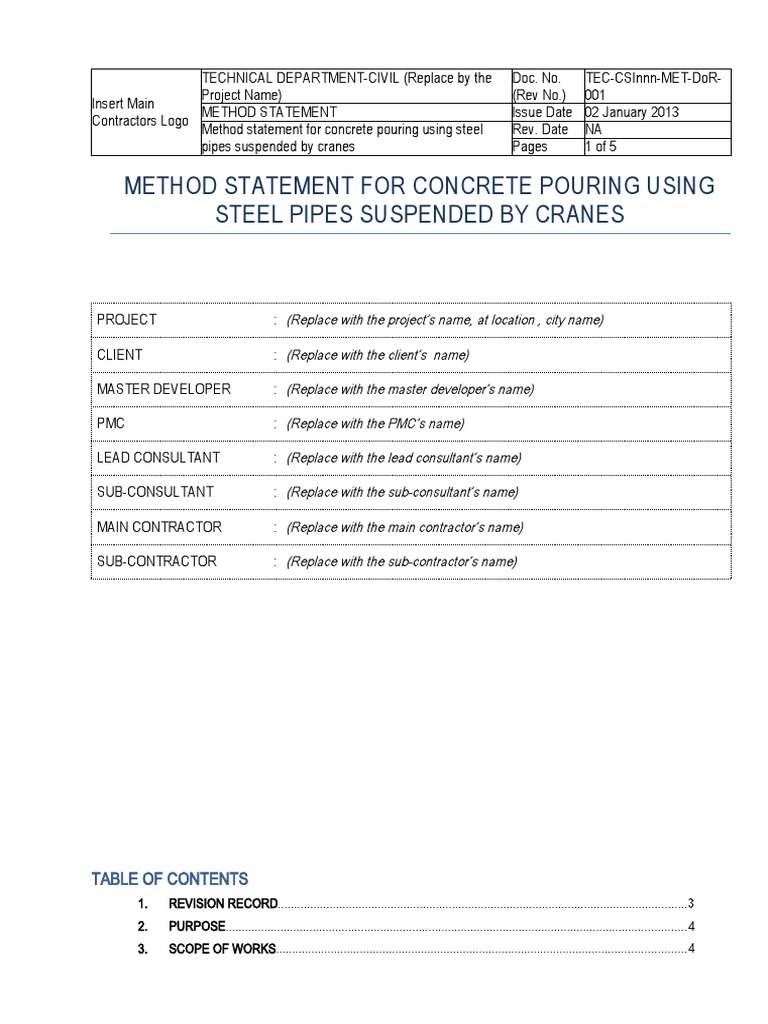Method statement for concrete pouring using steel pipes suspended by