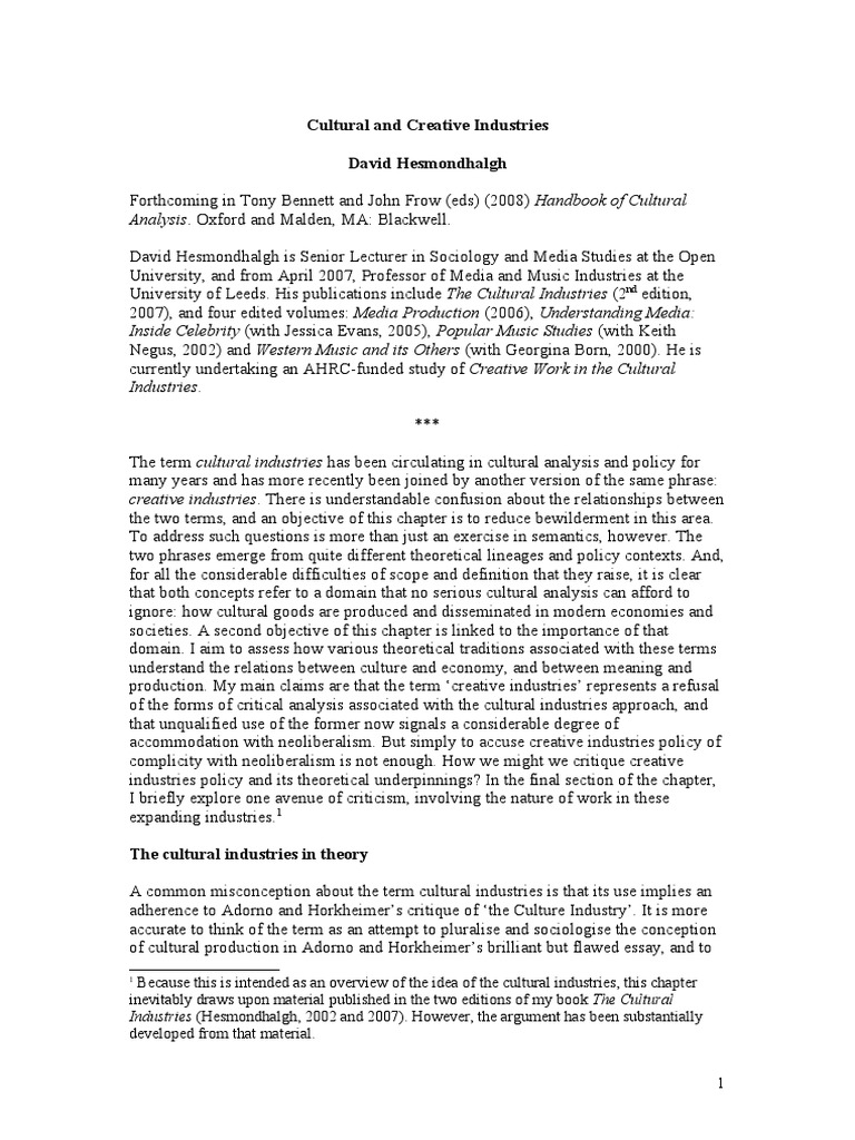 Hesmondhalgh Creative and Cultural Industries | PDF | Creativity ...