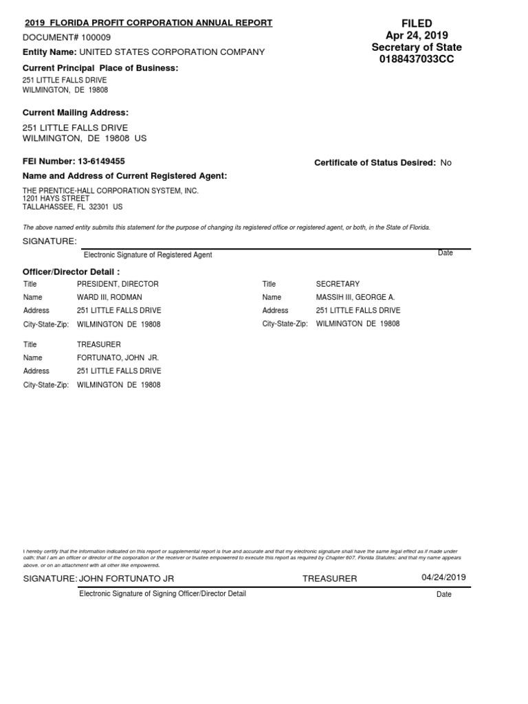 Current Principal Place of Business: Entity Name: United States Corporation  Company | PDF | Registered Agent | Common Law