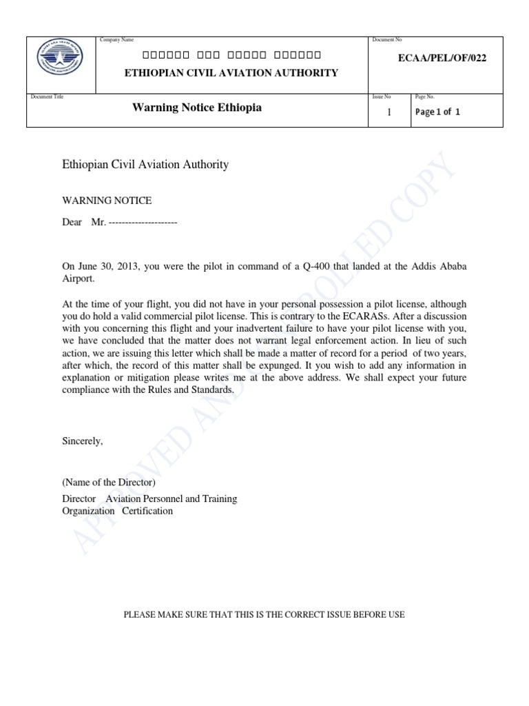 Ethiopian Pilot License Warning Notice | PDF