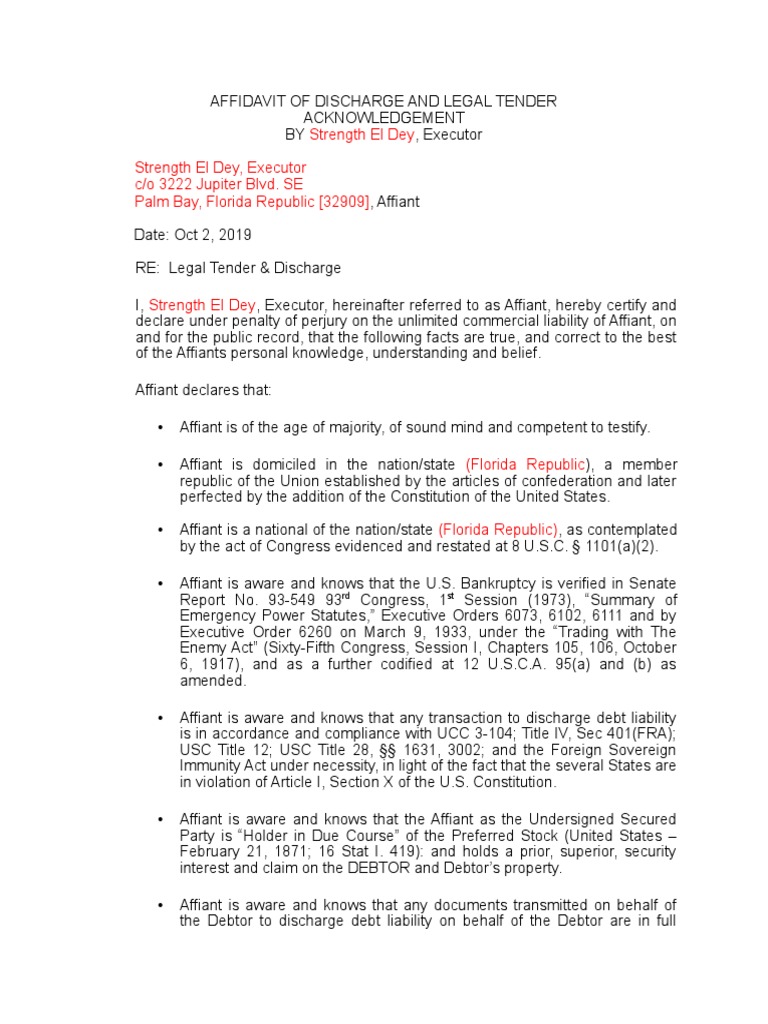 Affidavit of Discharge and Tender of Payment Acknowledgement | Download ...