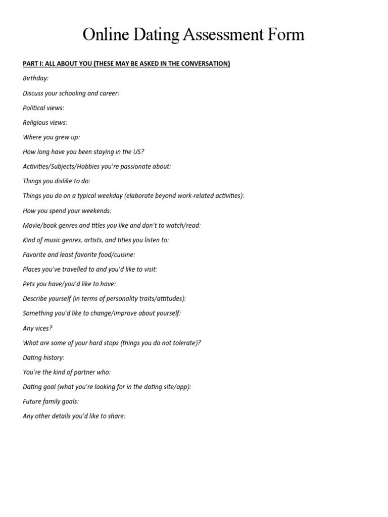 Online Dating Assessment Questionnaire | PDF | Online Dating Service ...