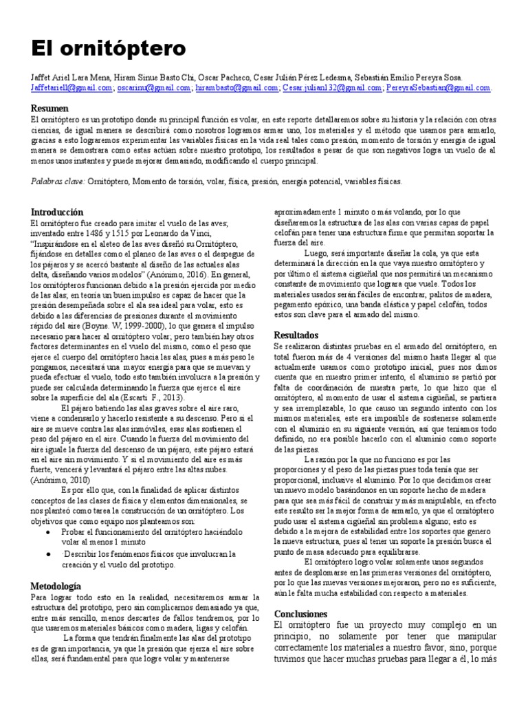 El Ornitoptero | PDF | Aves | Fuerza