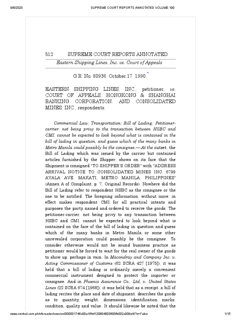 Eastern Shipping Lines, Inc. vs. Court of Appeals | PDF | Bill Of ...