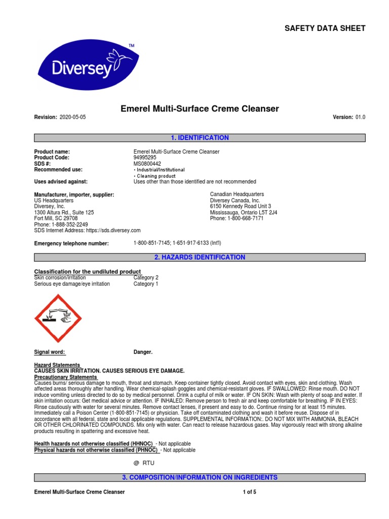 SDS Diversey Emerel MultiSurface Creme Cleanser PDF PDF Personal