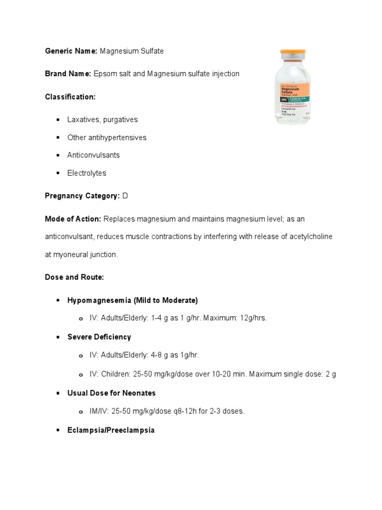 Magnesium Sulfate: Dosage & Classification | PDF | Magnesium | Hypothermia