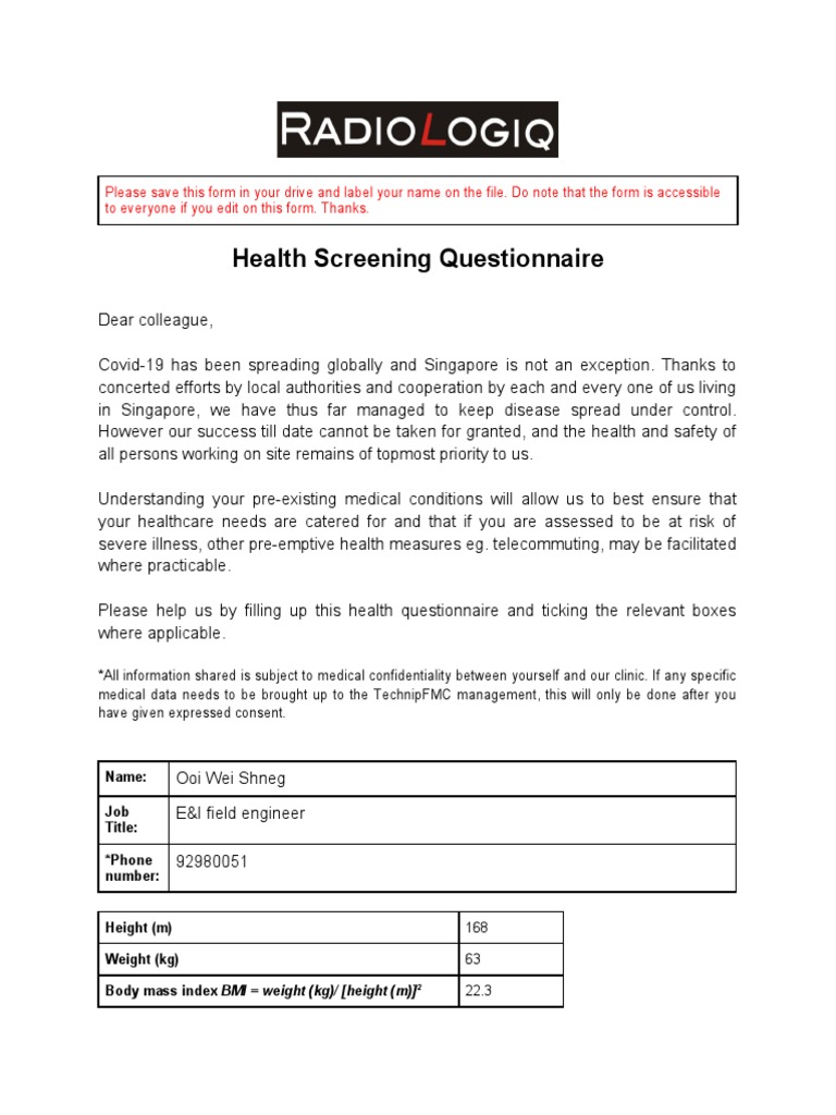 Health Screening Questionnaire for COVID-19 | PDF | Body Mass Index ...