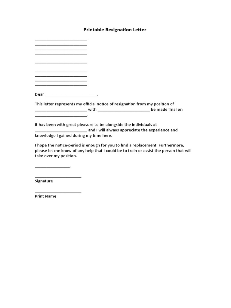 Printable Resignation Letter Template | PDF