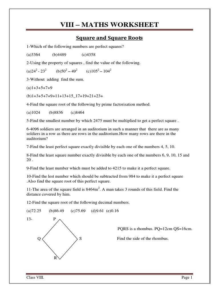 Class 8 Maths Worksheet Set-1 PDF | PDF | Fraction (Mathematics) | Numbers