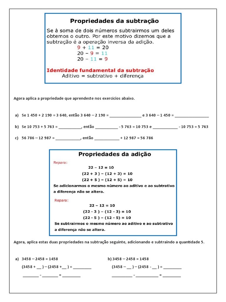 Propriedades Da Subtração - Caderno | PDF