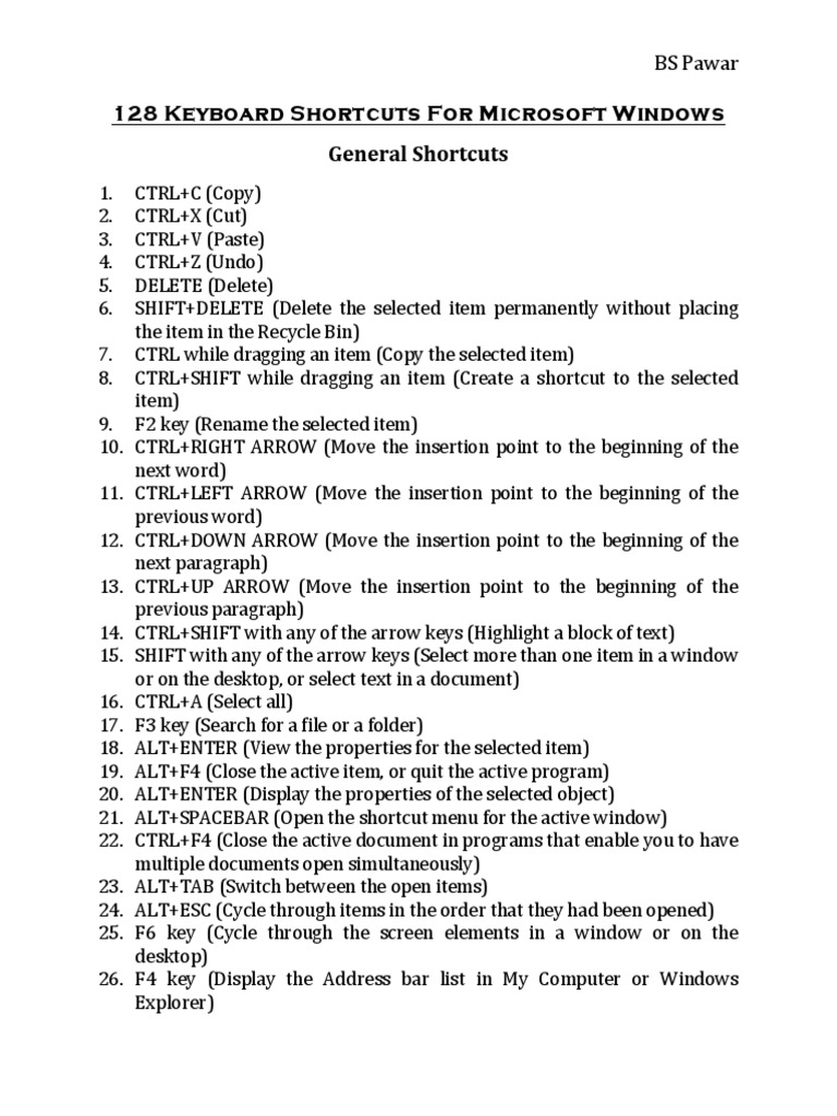 128 Keyboard Shortcuts For Microsoft Windows General Shortcuts | PDF ...