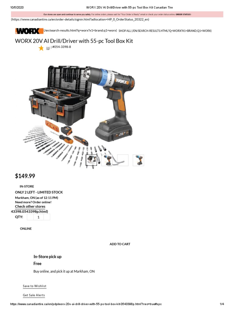 WORX 20V AI Drill Driver With 55pc Tool Box Kit Canadian Tire PDF