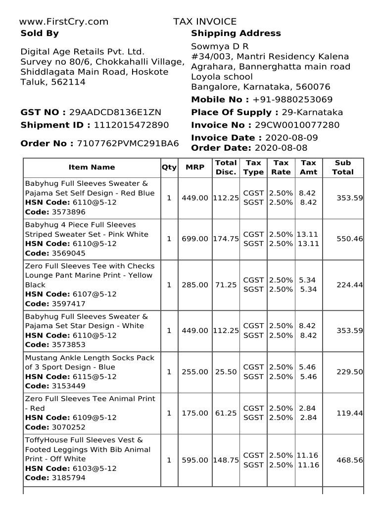 Baby Products and Clothing Order from Invoice for Sowmya