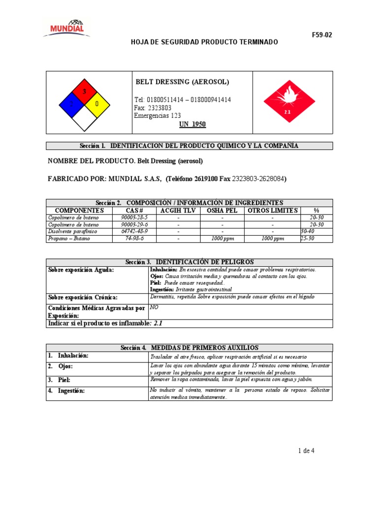 MSDS Belt Dressing Aerosol PDF Aerosol Primeros auxilios