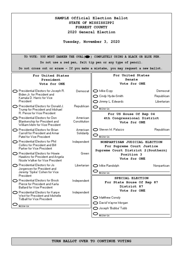 Forrest County Sample Ballot Nov. 2020 Presidents Of The United