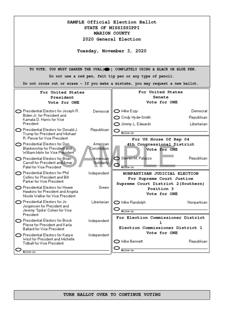 Marion County Sample Ballot Nov, 2020 Presidents Of The United States