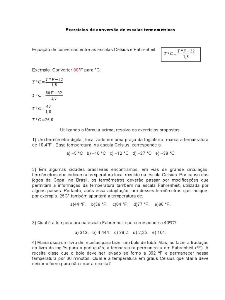 Exercícios de Conversão de Escalas Termométricas | PDF
