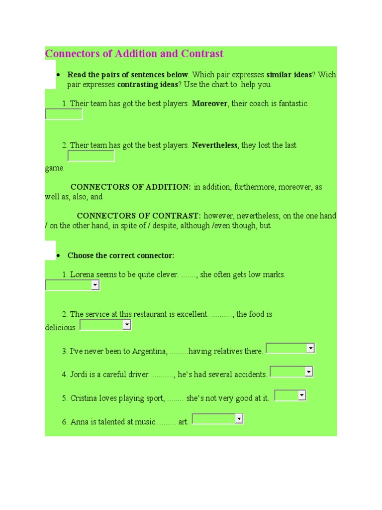 Connectors of Addition and Contrast PDF Sentence (Linguistics) Cognitive Science